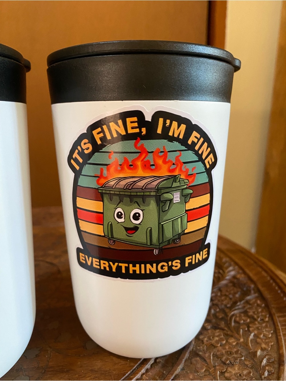 White Travel Tumbler with Funny Dumpster Fire Graphic - Unbranded